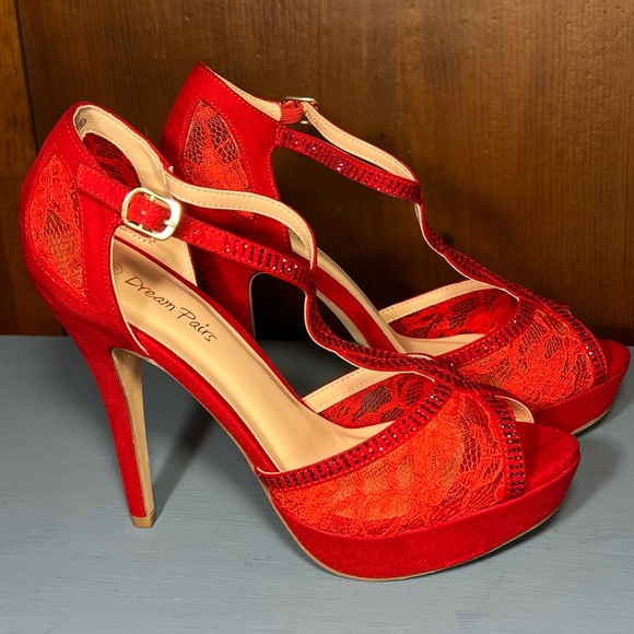 Super Sexy Red Suede, Lace & Rhinestone Stiletto Heels by Dream Pairs. 9.5M ❤️❤️ - Picture 4 of 10